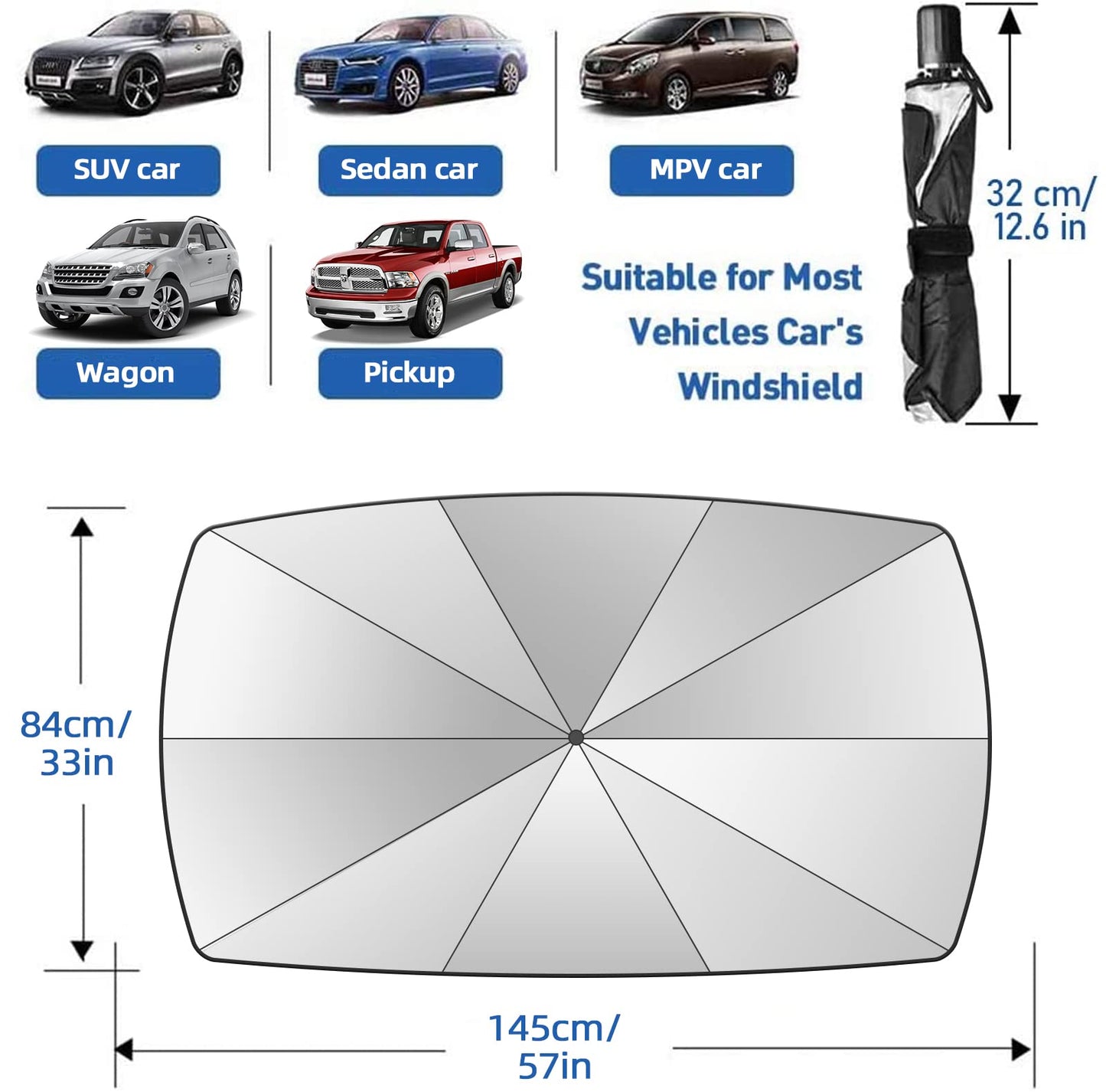 2025 Windshield Sun Shade Umbrella, Foldable Car Umbrella Sunshade with UV Block Car Front Window (Heat Insulation Protection) for Auto Windshield Covers Trucks Cars (Large)