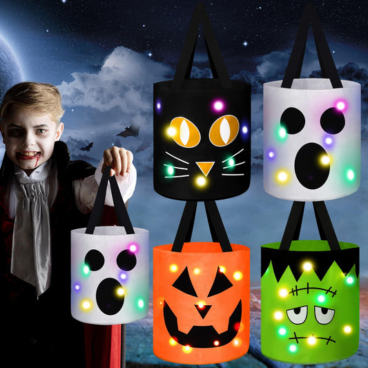 Yaomiao 4 Pcs Halloween Trick or Treat Bucket for Kids Light up Pumpkin Candy Bags LED Halloween Treating Baskets Reusable Goodie Gift Tote Bag for Party Favor Supplies(Classic Color)