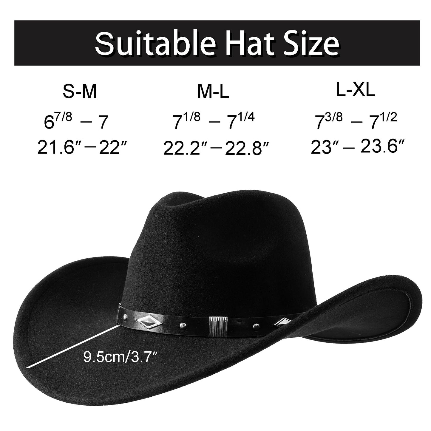 Lanzom Women Men Classic Felt Wide Brim Western Cowboy Cowgirl Hat with Belt Buckle(Medium-Large,Black)