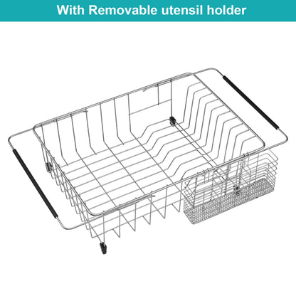 iPEGTOP Expandable Multifunctional Dish Drying Rack, Rustproof Stainless Over Sink Dish Drainer Rack Basket Shelf, Dish Drainer in Sink or On Counter Organizer with Utensil Cutlery Holder