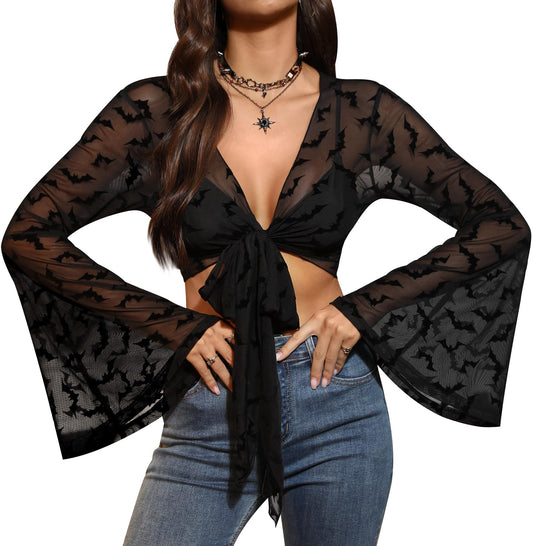 Womens Halloween V Neck Bell Sleeve Skin-Friendly Blouse Gothic Tie Front Mesh Sheer Crop top Bat XL