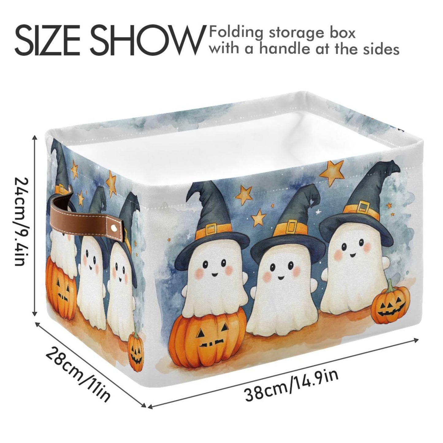 xigua Cute Cartoon Ghosts Storage Basket Foldable Storage Bin, Canvas Rectangular Storage Basket with Leather Handles for Home Closet & Office Decoration