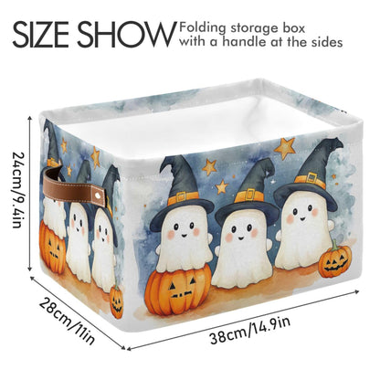 xigua Cute Cartoon Ghosts Storage Basket Foldable Storage Bin, Canvas Rectangular Storage Basket with Leather Handles for Home Closet & Office Decoration