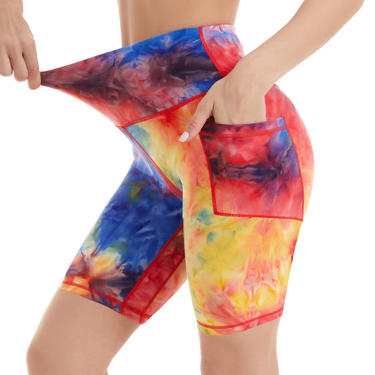 iniber Women's Biker Shorts with Pockets High Waist Workout Yoga Tie Dye Soft Spandex Athletic Bicycle Leggings Shorts for Running