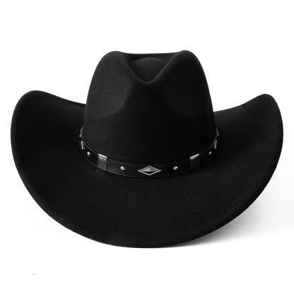 Lanzom Women Men Classic Felt Wide Brim Western Cowboy Cowgirl Hat with Belt Buckle(Medium-Large,Black)