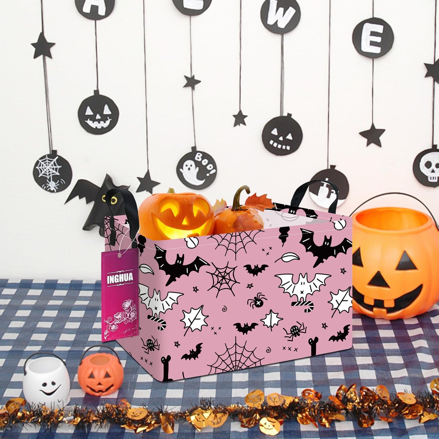 INGHUA Rectangular Halloween Storage Basket Fabric Organizer Bin for Toys,Books,Clothes,Gifts,Pets-Perfect for Home,Office,Nursery,Dorm,Shelf(Rec-Bats )