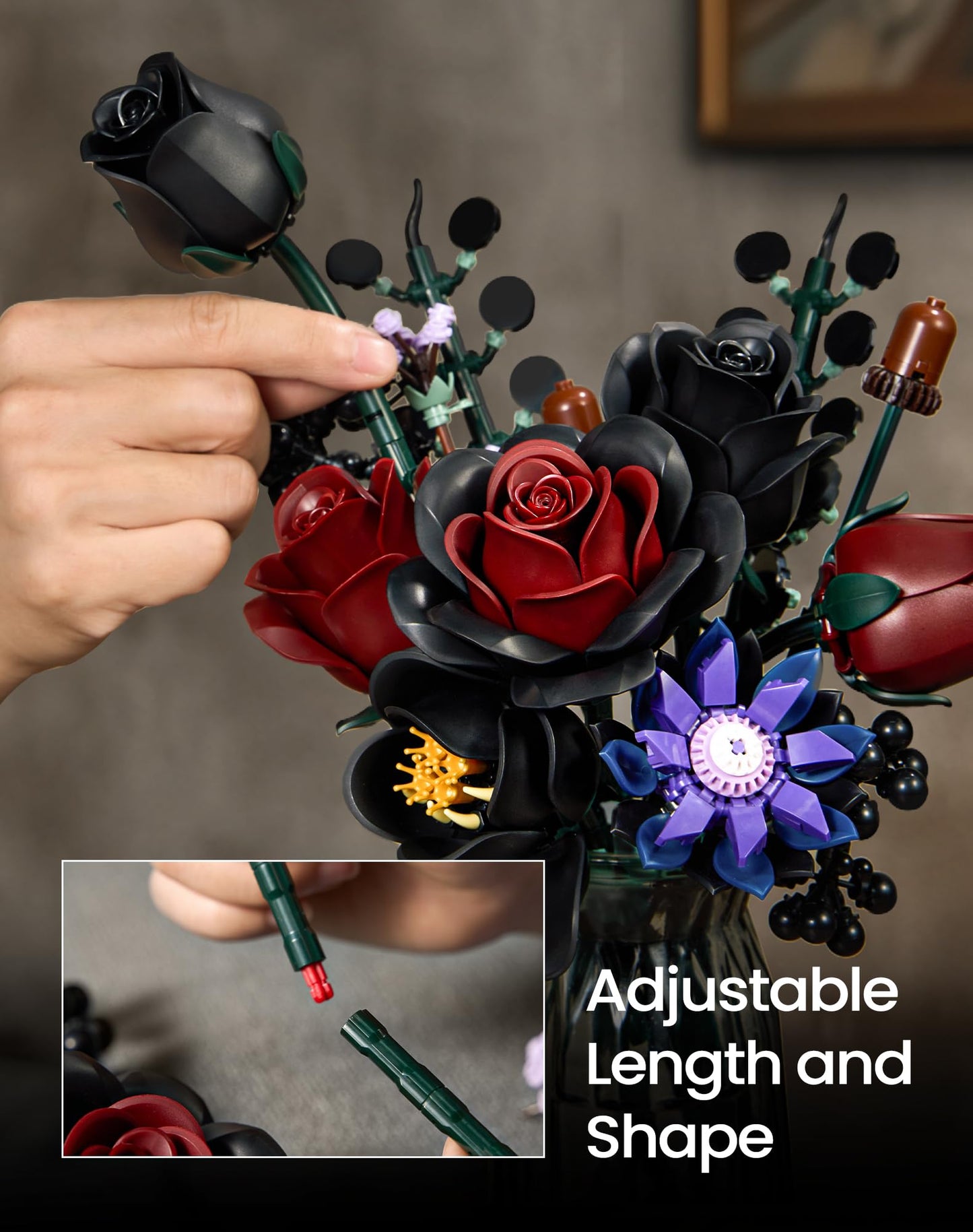 iATOM Halloween Black Burgundy Red Rose Bouquet Building Set, Compatible with Lego Flowers for Adults - Gothic Botanical Collection - Artificial Flowers Home Table Centerpieces Decor - IA1015