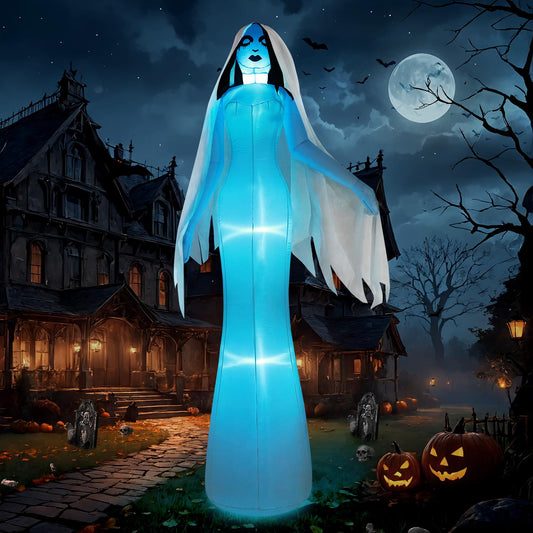 zukakii 12FT Giant Halloween Inflatables Ghost Bride, Halloween Decorations Outdoor Blow Up Yard Decorations Built-in Whole-Body Blue Glowing LED Lights Huge Halloween Blowups for Outdoor Holiday