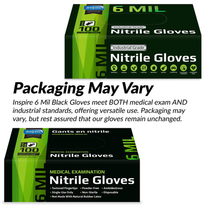 Inspire HEAVY DUTY 6Mil ORIGINAL Quality Stretch Nitrile Gloves Black Disposable Latex Free | Medical, Exam, Food, Industrial, Mechanic Tattoo (6Mil Black, Medium)