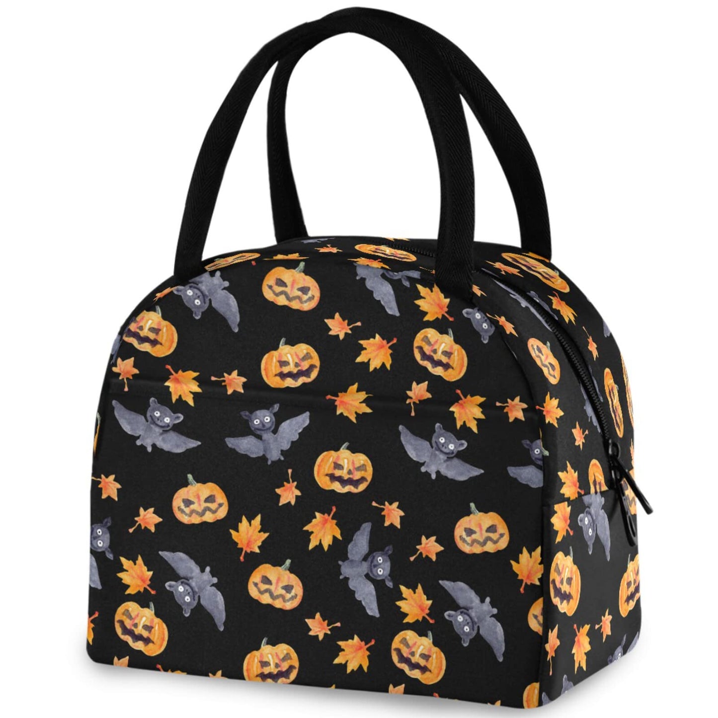 ZzWwR Halloween Bats Pumpkin Lunch Tote Bag with Front Pocket Reusable Insulated Thermal Zipper Closure Cooler Container Bag for School Work Picnic Travel Fishing Beach (0g272618361p407c442s828)