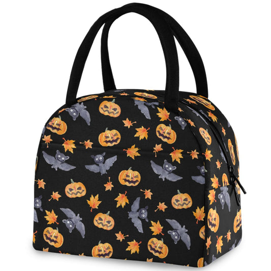 ZzWwR Halloween Bats Pumpkin Lunch Tote Bag with Front Pocket Reusable Insulated Thermal Zipper Closure Cooler Container Bag for School Work Picnic Travel Fishing Beach (0g272618361p407c442s828)