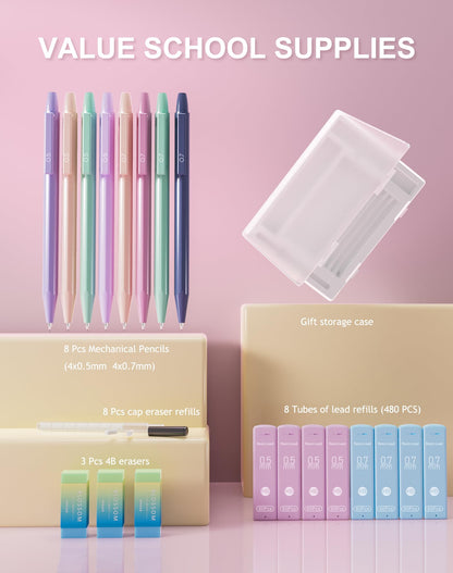20PACK Mechanical Pencil, 8Pcs 0.5 0.7mm Mechanical Pencils Set With Eraser and 480 Pcs Refills, Cute Colored Preppy School Supplies Gift for Girls Writing - Come With Custom Case