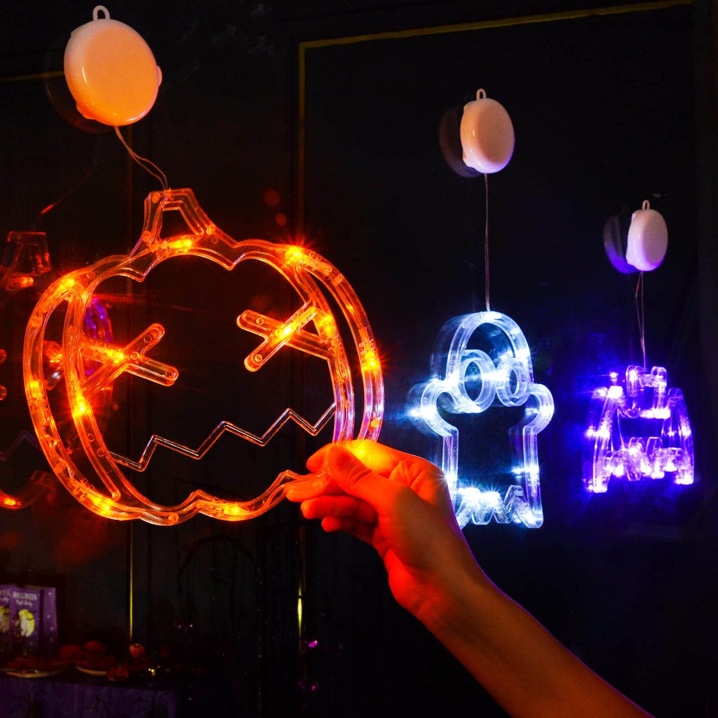 LOLStar Halloween Lights Decorations 2025 3-Pack Orange Pumpkin White Ghost Purple Bat Window Lights with Suction Cups, Battery Operated Halloween LED Lights Window Decor Slow Fade Mode and Timer