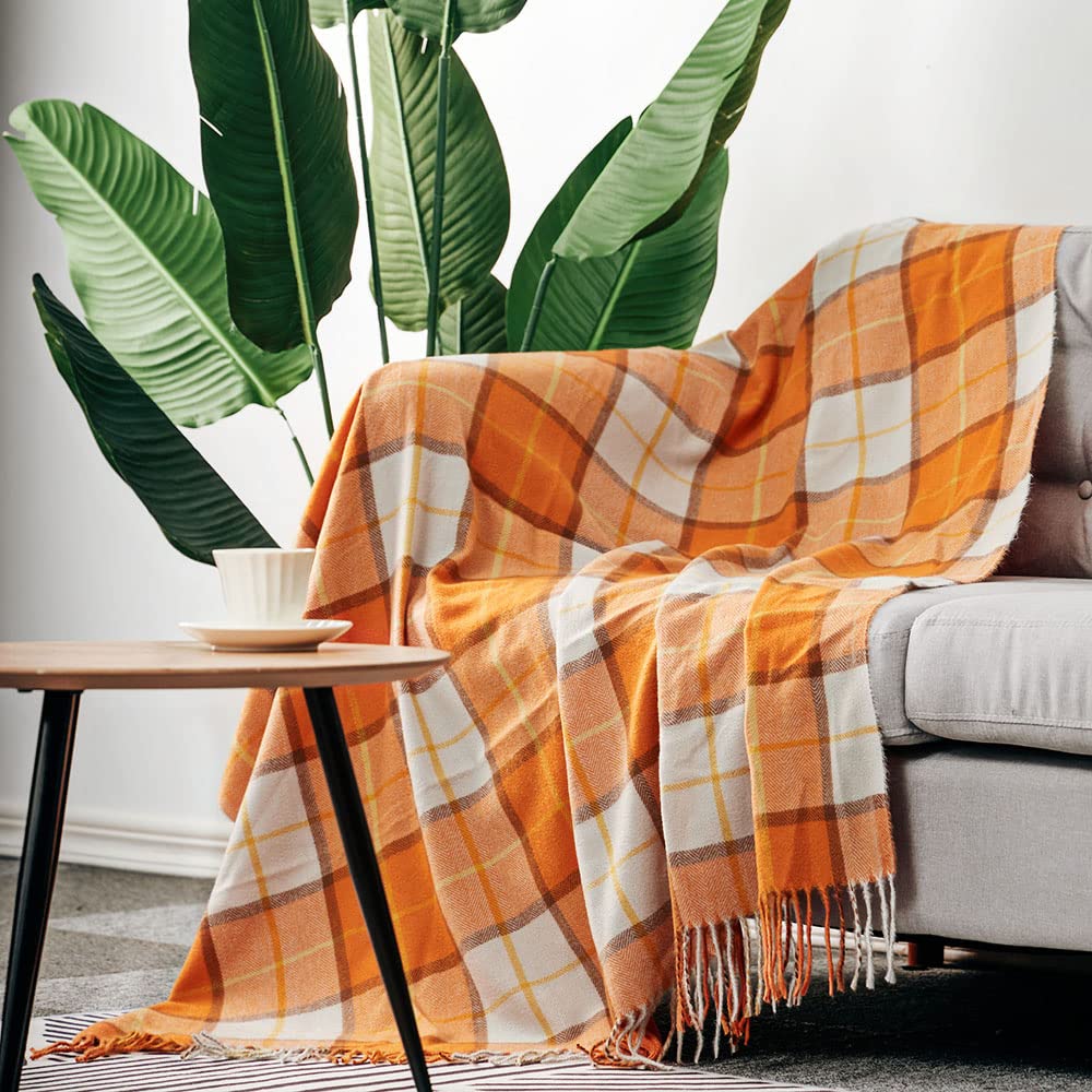 LALIFIT Decorative Faux Cashmere Throw Blankets Soft Fluffy Classic Orange Plaid Fringe Throw Blanket with Tassels Cozy Lightweight for Home Couch Sofa Farmhouse Halloween Decor 50" x 60" (Pumpkin)