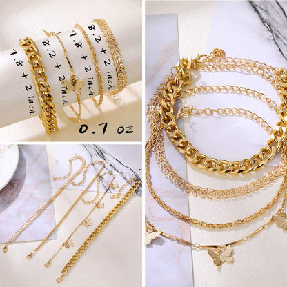 IFKM 6 PACK (24 PCS) Boho Gold Chain Bracelets Set for Women, 14K Gold Plated Multiple Layered Stackable Open Cuff Wrap Bangle Adjustable Link Italian Cuban Jewelry for Women Gift