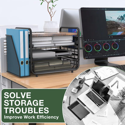 2025 New Large Capacity Desk Organizer with Drawer, Wooden 4-Tier Paper Organizer Letter Tray with File Holder and Pen Holders, Wooden Desk Accessories for A4 Paper Work Folder Storage (Style1)