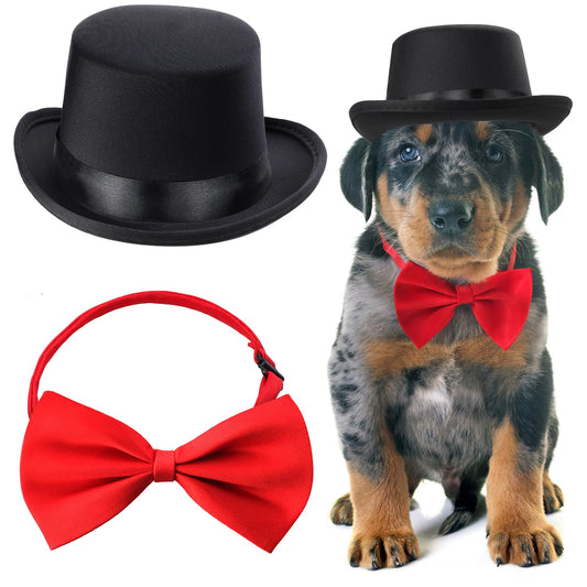 Yewong 2 Pieces Pet Formal Accessories Set - Pet Top Hat with Pet Formal Necktie/Bowtie Birthday Party Gradation Halloween Costumes Accessories for Dog Cat (Red-A) One Size