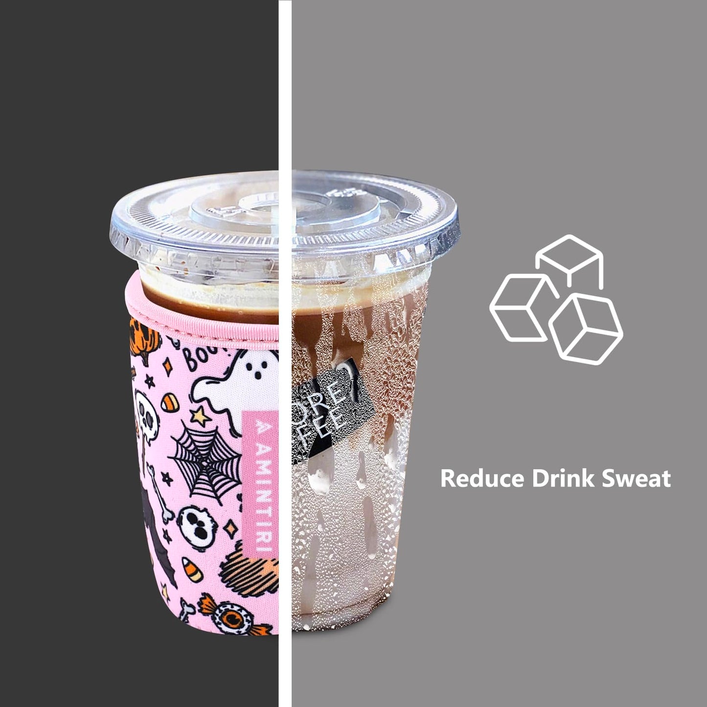 3 Pack Reusable Neoprene Sleeve for Iced & Hot Drinks, Compatible with Starbucks, Dunkin' Coffee Cup. (Happy Halloween)
