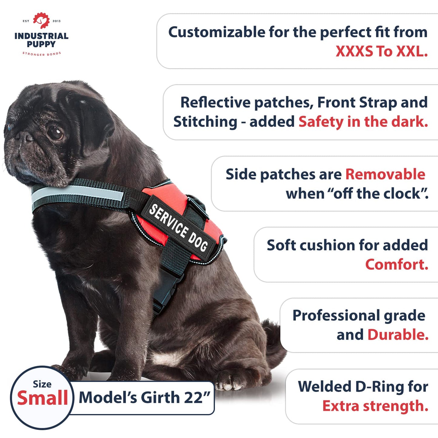 Industrial Puppy Service Dog Vest with Hook and Loop Straps & Matching Service Dog Leash Set - Harnesses from XXS to XXL - Harness Features Reflective Patch and Comfortable Mesh Design