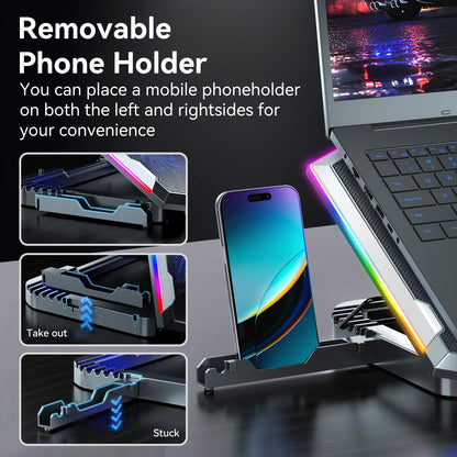 ICE COOREL Gaming Laptop Cooling Pad with 8 Cooling Fans, Laptop Fan Cooler Pad for 15-17.3 Inch, Notebook Cooler Stand with 6 Height Adjustable, RGB Cooling Pad with Two USB Port + Phone Stand