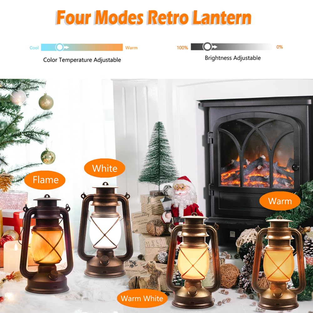 Lantern LED Battery Powered Camping Lamp Outdoor Hanging Lantern Flickering Flame Rechargeable Retro Lanterns Remote Control 4 Modes Light Non-Solar 2 Pack