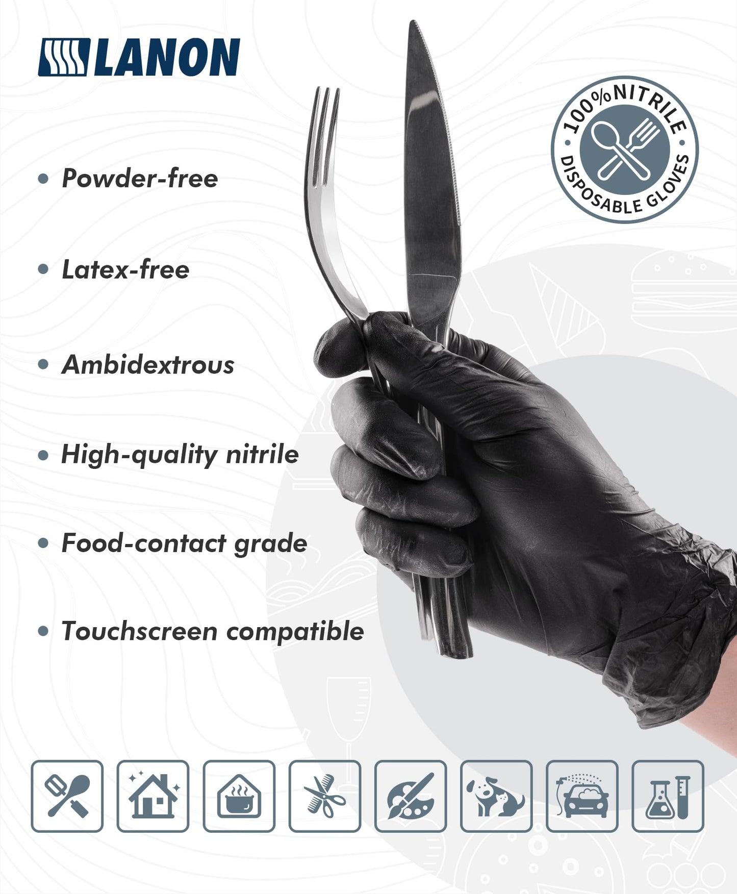 LANON Food Safe Disposable Nitrile Gloves, Latex-Free, Powder-Free, Silicone-Free, Textured Fingertips, Cooking, Black，Medium