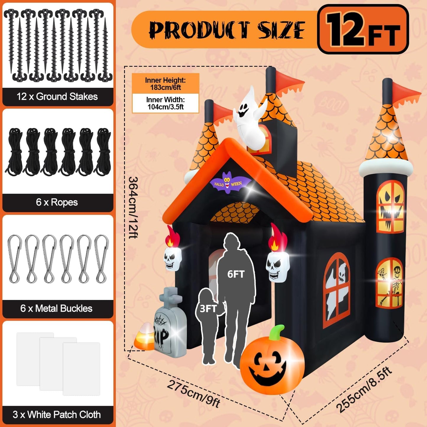 12FT Halloween Inflatable Archway with LED Light, Kalolary Large Haunted House Inflatable Ghost Pumpkin Blow up Tunnel Halloween Outdoor Yard Decoration for Halloween Party Home Lawn Family