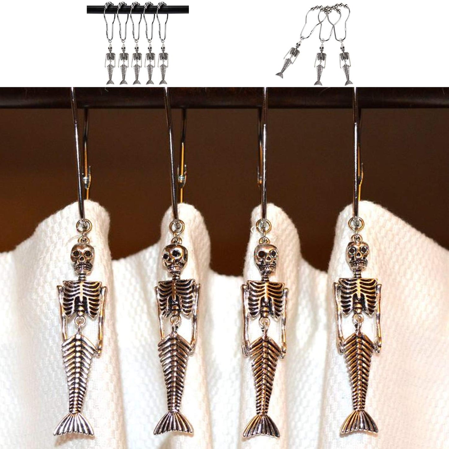 ZILucky 12Pcs Mermaid Skeleton Shower Curtain Hooks Halloween Decorative Home Bathroom Decor Rustproof Skeletons Shower Curtain Rings (Mermaid Skull Silver)