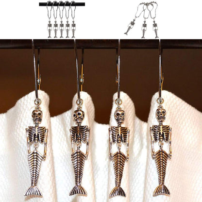 ZILucky 12Pcs Mermaid Skeleton Shower Curtain Hooks Halloween Decorative Home Bathroom Decor Rustproof Skeletons Shower Curtain Rings (Mermaid Skull Silver)