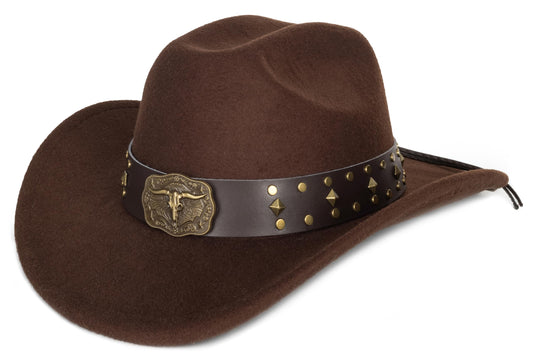 Womens Western Cowboy Hats Studded Pinched Western Cowgirl Hats Wide Brim Fedoras Hat with Belt Buckle (Size:Medium) Brown