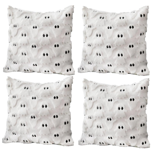 4 Pcs Halloween Throw Pillow Covers 18x18, Soft Faux Fur Pillow Cases Decorations, Fluffy Plush Accent Couch Cushion Case for Halloween Chair Sofa Bedroom Living Room Home Decor(Ghost A)