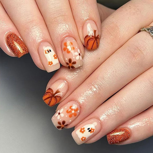 24Pcs Halloween Press on Nails Medium Square Cute Ghost Fake Nails with Flower Pumpkin Designs Glue on Nails Fall Glitter Halloween Nails Full Cover Artificial False Nails for Women Decoration 24Pcs