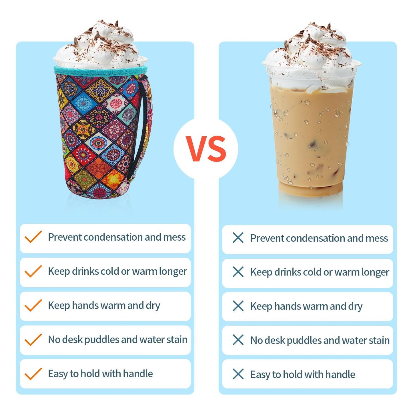 4Pack Reusable Iced Coffee Sleeve Insulator Sleeves for Cold Drinks Beverages, Neoprene Cup Holder for Most Coffee, Fits 30-32oz Large Cups (Sugar Skull with handle)