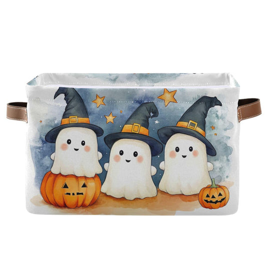 xigua Cute Cartoon Ghosts Storage Basket Foldable Storage Bin, Canvas Rectangular Storage Basket with Leather Handles for Home Closet & Office Decoration