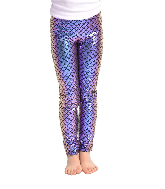 YgneeDom Kids Girls Mermaid Leggings Shiny Metallic Scale Pants for Halloween Dance Party(NK5417-Mermaid-Purple-S-V2)