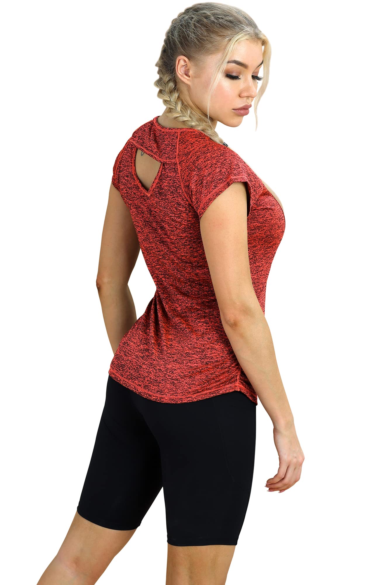 icyzone Workout Running Shirts for Women - Fitness Gym Yoga Exercise Short Sleeve T Shirts Open Back Tops (XL, Burnt Ochre)