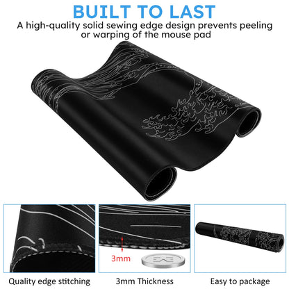iCasso Mousepad, Gaming Mouse Pad, XXL Large Desk Mat, Big Rubber Base Mouse Mat with Stitched Edges, Computer Keyboard Desk Pad for Work, Game, Office, Home - Black Wave of Kanagawa