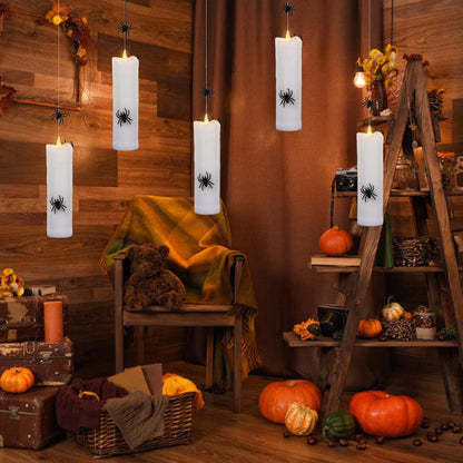 Wondise Halloween Flameless Floating Candle with Remote Timer, 4 Pack Battery Operated Hanging Candles with Spider Plastic LED Electric Candles for Halloween Decorations(White)