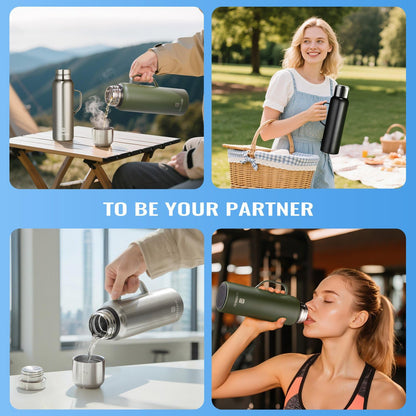 Insulated Vacuum Thermo Bottle 750ml/25.4oz with Cup Stainless Steel Coffee Bottles for Hot and Cold Drink Water Flask.(Green, with Handle, 750ml)