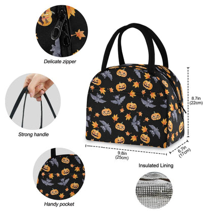 ZzWwR Halloween Bats Pumpkin Lunch Tote Bag with Front Pocket Reusable Insulated Thermal Zipper Closure Cooler Container Bag for School Work Picnic Travel Fishing Beach (0g272618361p407c442s828)