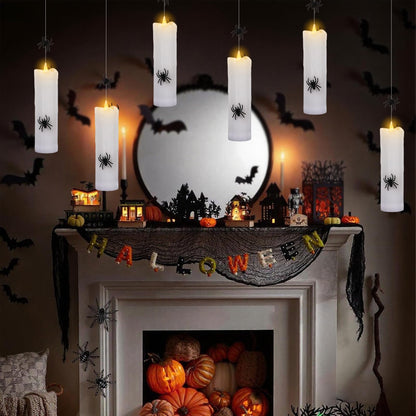 Wondise Halloween Flameless Floating Candle with Remote Timer, 4 Pack Battery Operated Hanging Candles with Spider Plastic LED Electric Candles for Halloween Decorations(White)