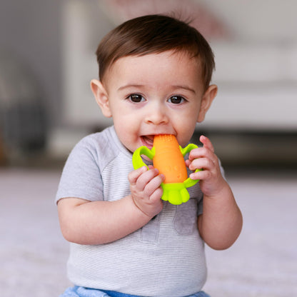 Infantino Lil' Nibbles Textured Silicone Baby Teether - Sensory Exploration and Teething Relief with Easy to Hold Handles, Orange Carrot, 0+ Months