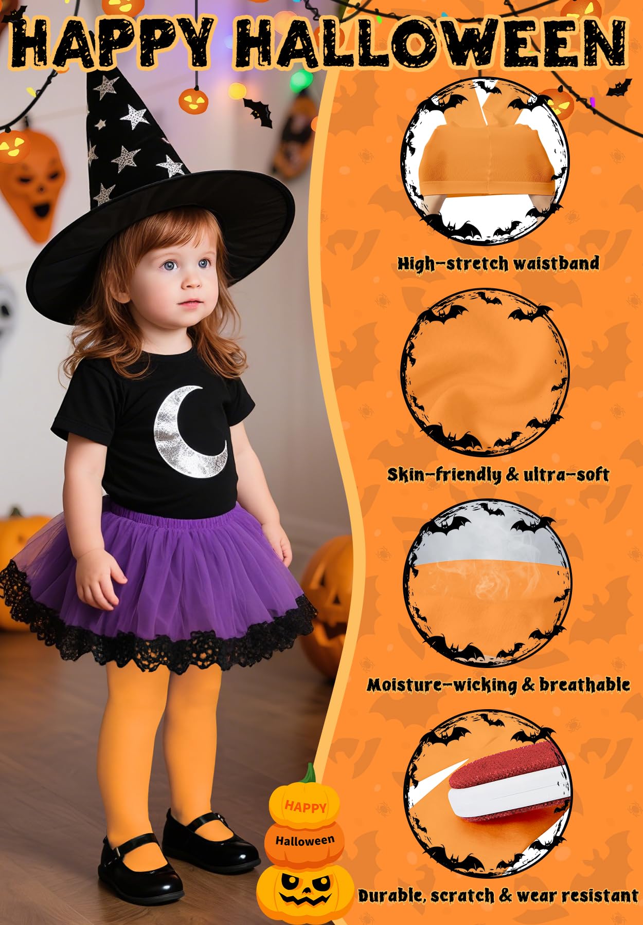 Zando Halloween Tights Orange Toddler Tight 18-24 Months - Ultra Soft Elastic Footed Girls Leggings for Halloween Dance Daily Party 1-2T
