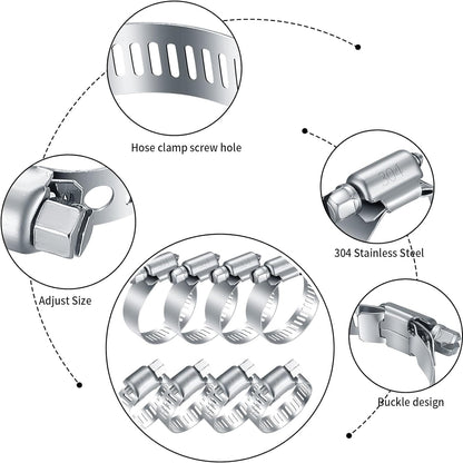 20Pcs Adjustable Stainless Steel Hose Clamps Assortment Kit, 1/4-2 in (6-51mm) Worm Gear Pipe, Fuel LineHeavy Duty for Plumbing, Washing Machine, Mechanical，Garden and Automotive Hose Connections