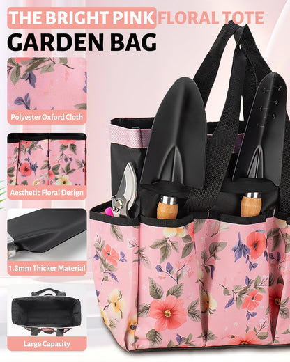 LANNIU Pink Gardening Tools, Garden Tool Set for Women,5 Piece Womens Gardening Kit with Floral Garden Bag,Gifts for Wife (5-Piece Pink)