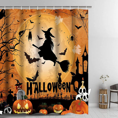 Yizheer Halloween 4Pcs Pumpkin Shower Curtain Sets with Non-Slip Rugs, Toilet Lid Cover and Bath Mat, Haunted House Waterproof Shower Curtains Bathroom Decor Set Halloween Decor