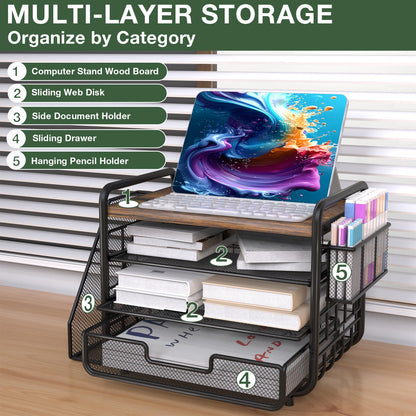 2025 New Large Capacity Desk Organizer with Drawer, Wooden 4-Tier Paper Organizer Letter Tray with File Holder and Pen Holders, Wooden Desk Accessories for A4 Paper Work Folder Storage (Style1)