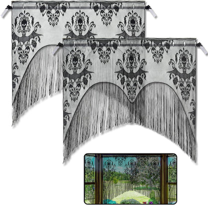 ZeeDix 2 Pcs Halloween Lace Skull Window Curtain- Black Tassel Door Curtain for Halloween Home Party Decorations, Party Supplies