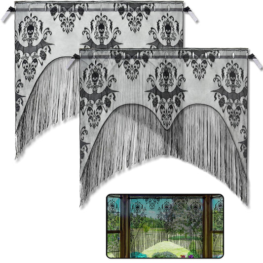 ZeeDix 2 Pcs Halloween Lace Skull Window Curtain- Black Tassel Door Curtain for Halloween Home Party Decorations, Party Supplies