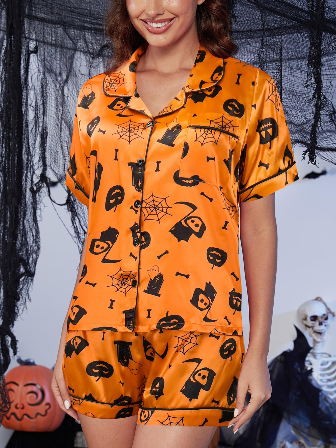 YIJIU Womens Halloween Satin Silky Pajama Sets Short Sleeve Sleepwear Button Down Loungewear 2 Piece Pjs Shorts Set,Halloween Orange,XS